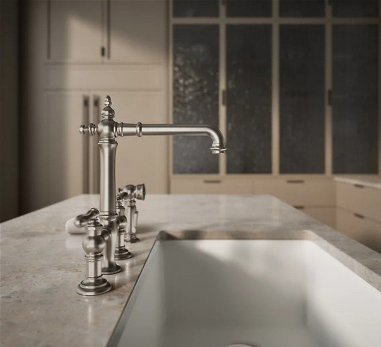 Artifacts Bridge kitchen sink faucet w/spray Vibrant Stainless K-76519-4-VS