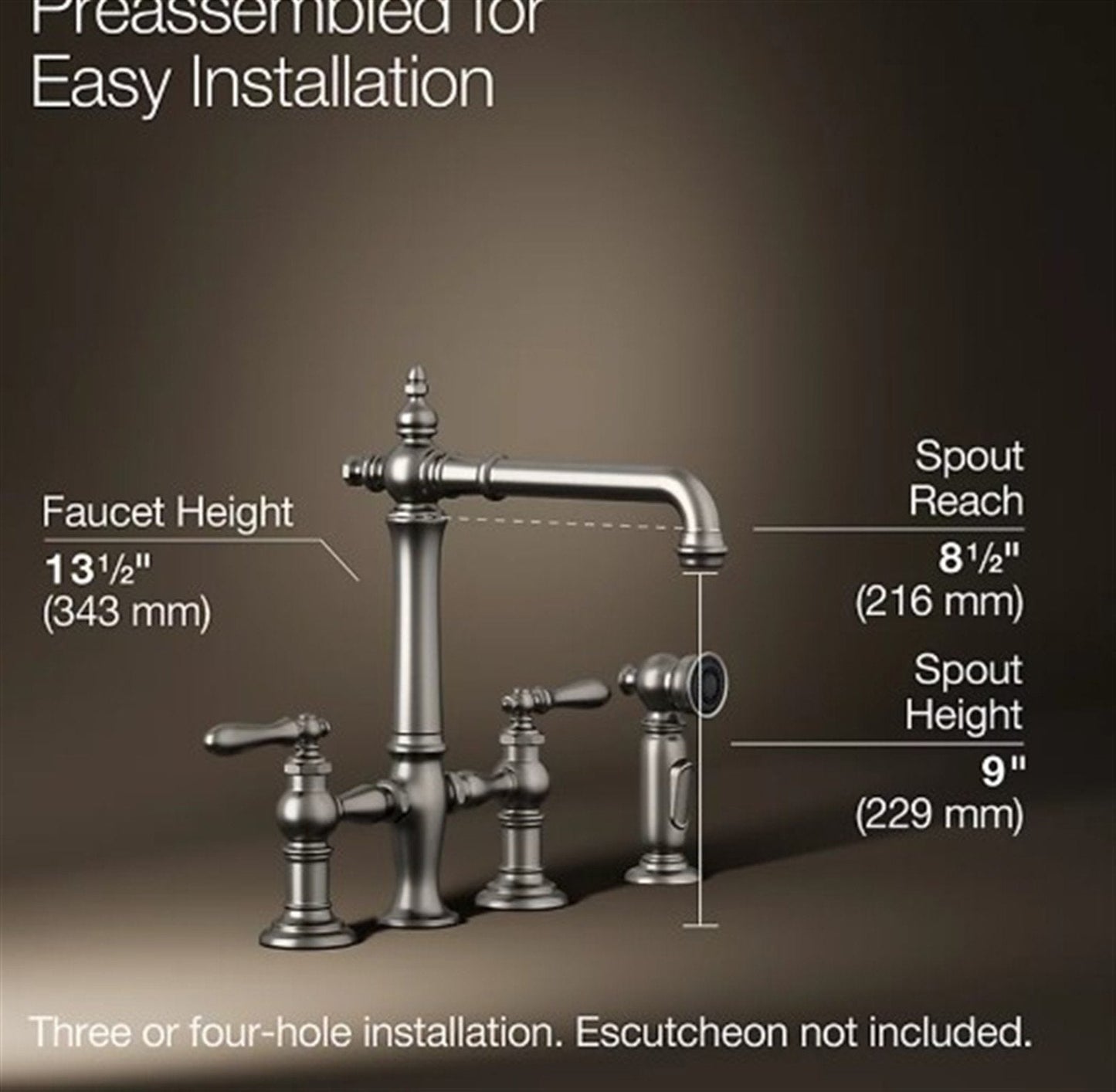 Artifacts Bridge kitchen sink faucet w/spray Vibrant Stainless K-76519-4-VS