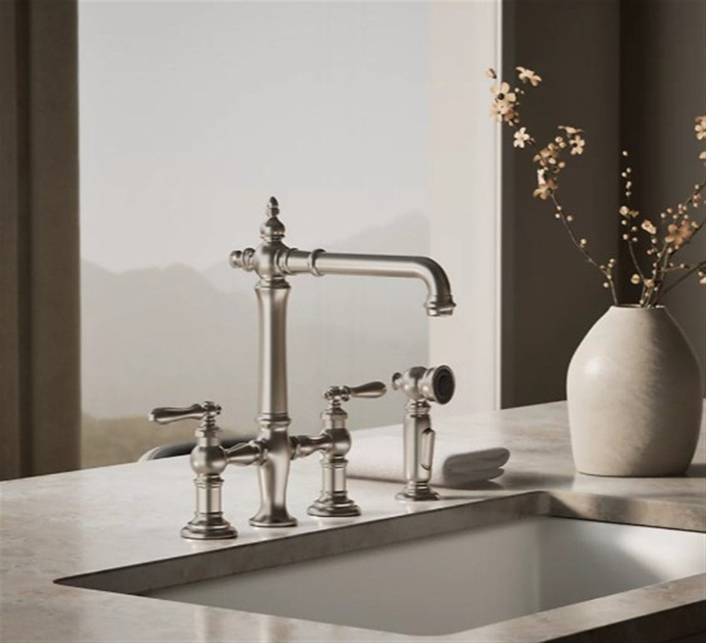 Artifacts Bridge kitchen sink faucet w/spray Vibrant Stainless K-76519-4-VS