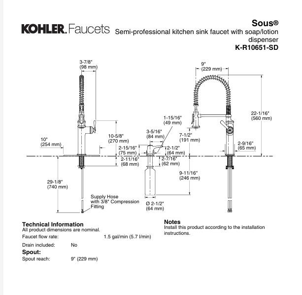 Kohler Sous Pro Style Pull Down Sprayer Kitchen Faucet Chrome R10651-SD-CP