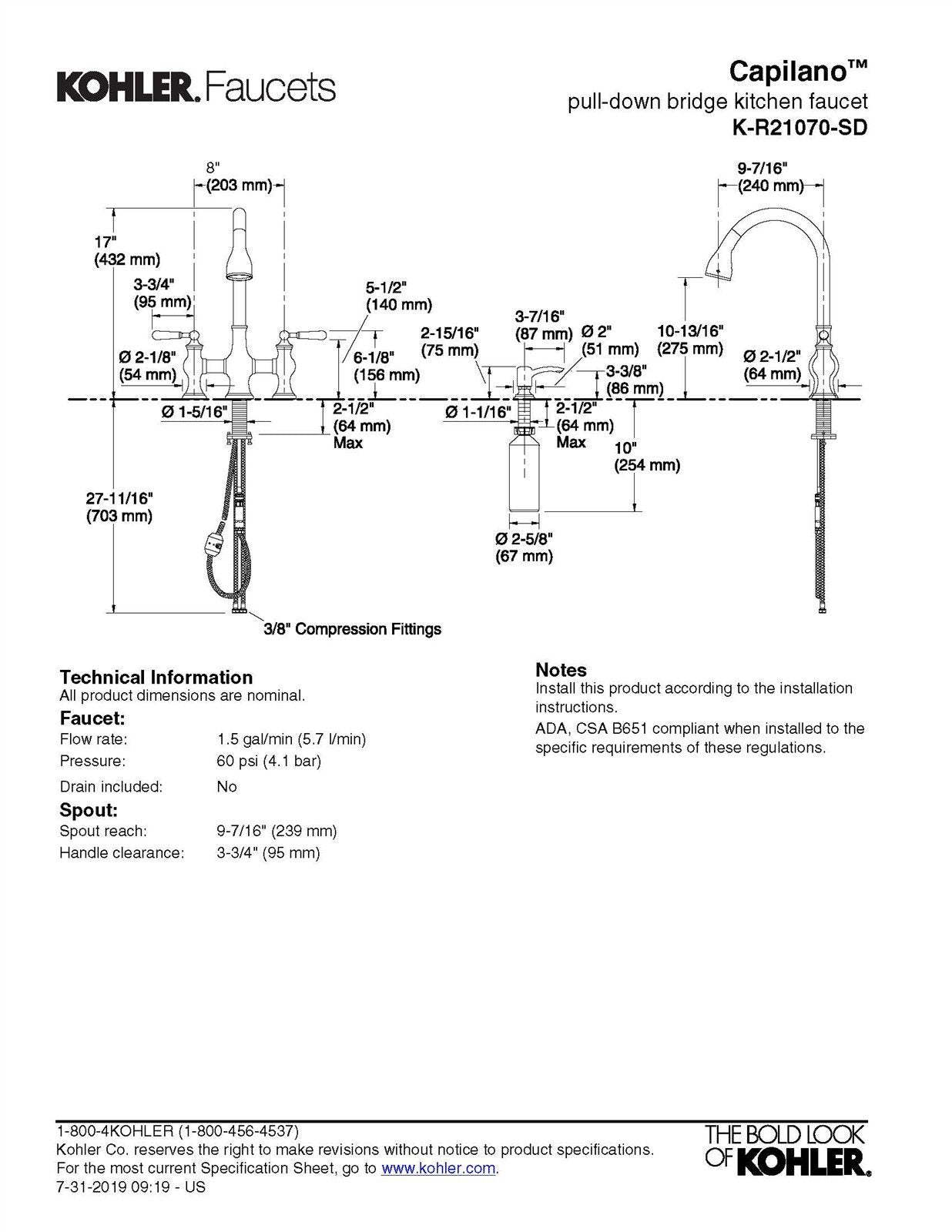 Kohler Capilano Wide-Spread Bridge Kitchen Faucet Polished Chrome K-R21070-SD-CP