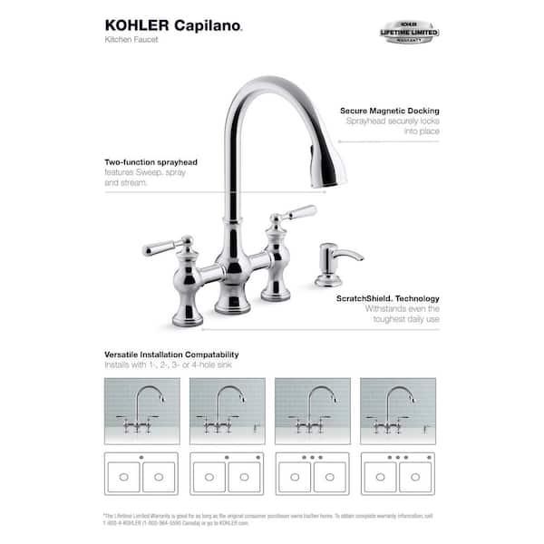 Kohler Capilano Wide-Spread Bridge Kitchen Faucet Polished Chrome K-R21070-SD-CP