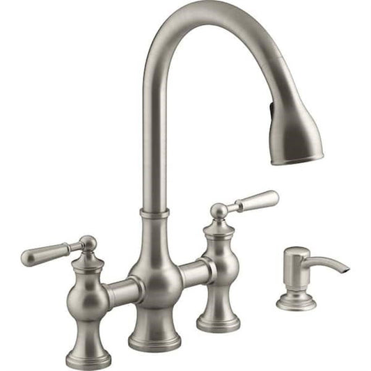 Kohler Capilano 2-Handle Bridge Farmhouse Pull-Down Kitchen Faucet with Soap Dispenser and Sweep Spray in Vibrant Stainless K-R21070-SD-VS