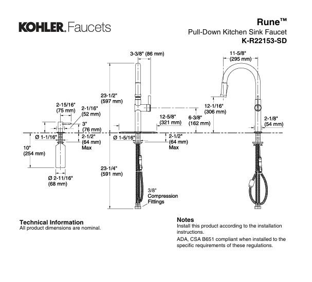 Kohler Rune 1 Handle Pull-Down Kitchen Faucet Black Stainless K-R22153-SD-BLS