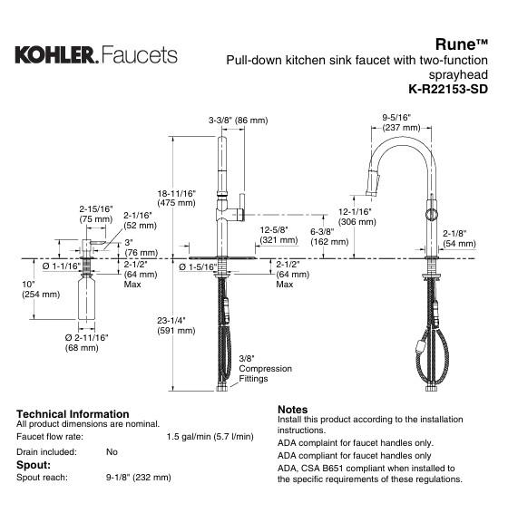 Kohler Rune 1-Handle Pull-Down Kitchen Faucet Vibrant Stainless K-R22153-SD-BLS