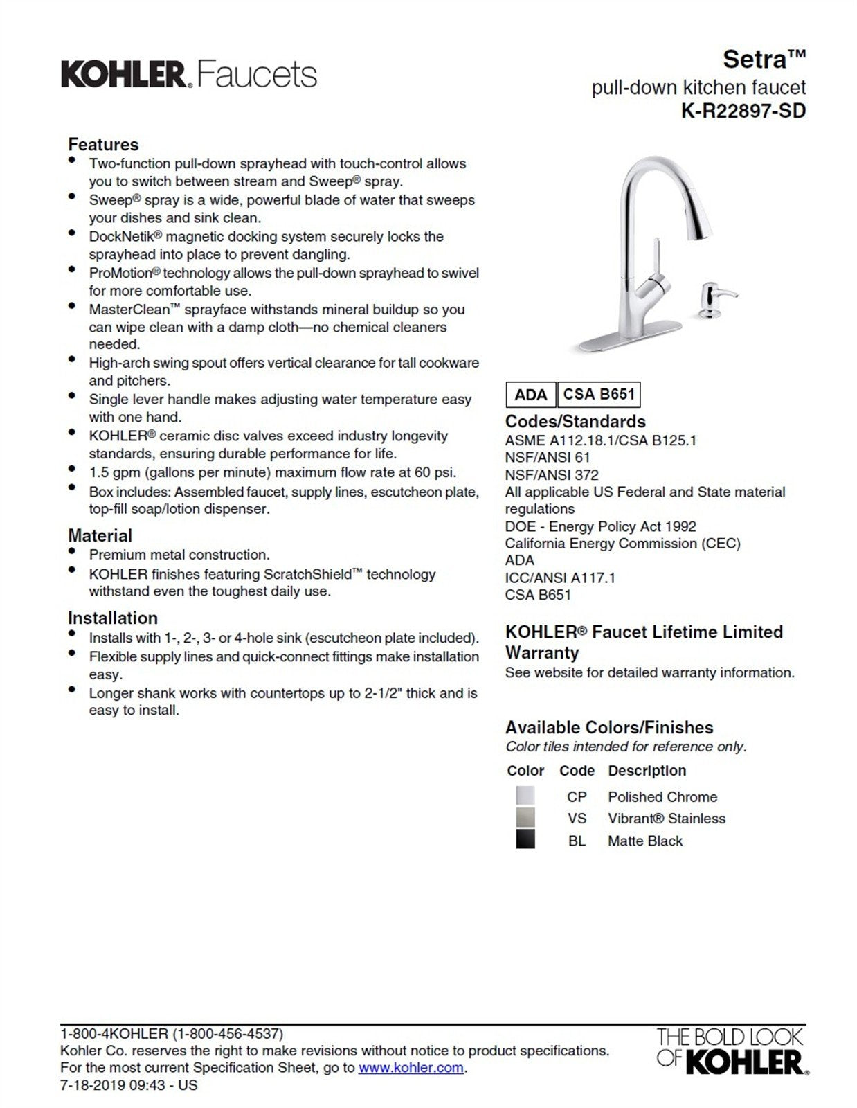 Kohler Setra 1 Hole Pull Down Kitchen Faucet in Vibrant Stainless K-R22897-SD-VS