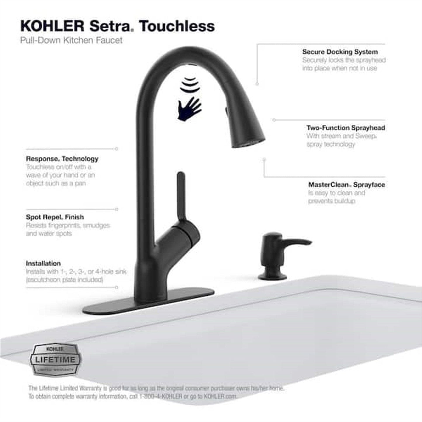 Kohler Setra 1 Hole Pull Down Kitchen Faucet in Matte Black K-R22898-SD-BL