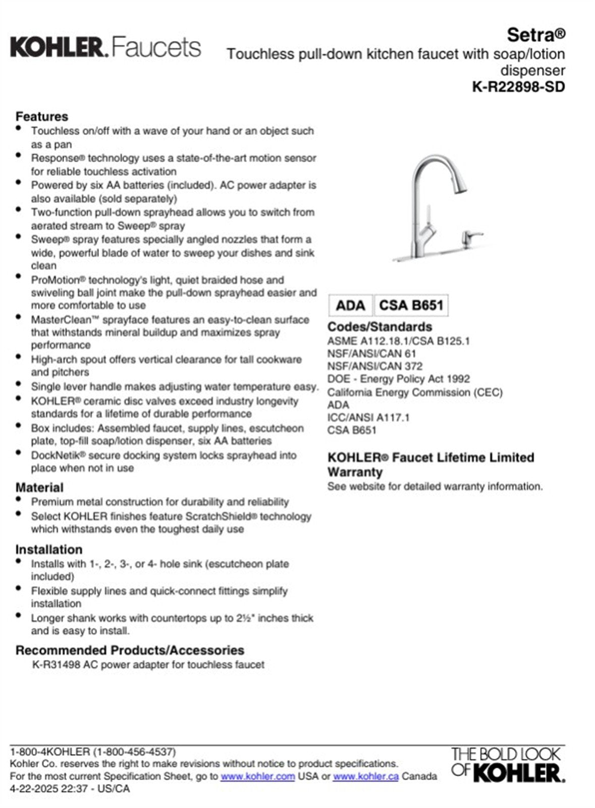Kohler Setra 1 Hole Pull Down Kitchen Faucet in Matte Black K-R22898-SD-BL