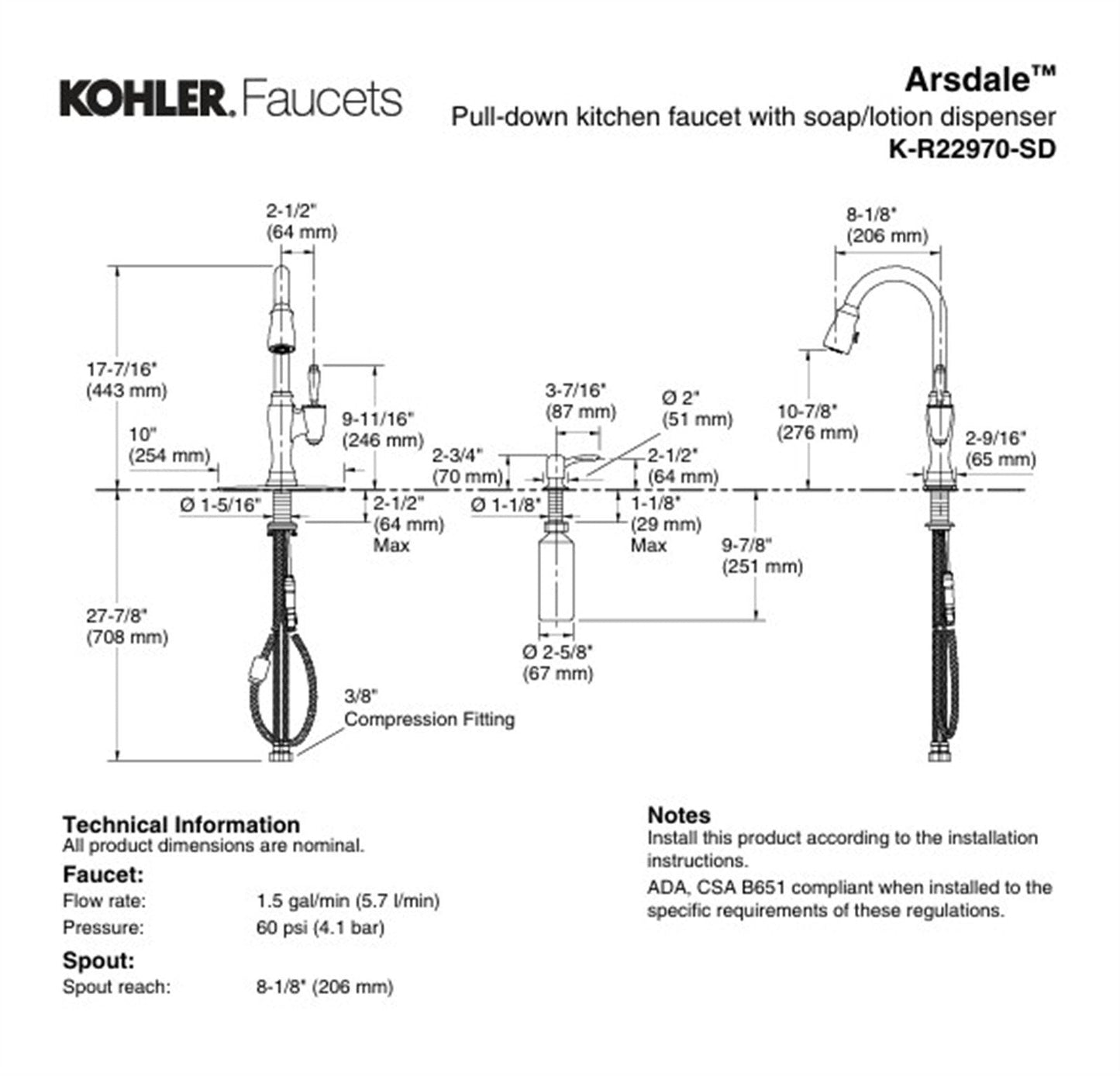 Kohler Arsdale 1 Hole Pull Down Kitchen Faucet in Vibrant Stainless K-R22970-SD-VS