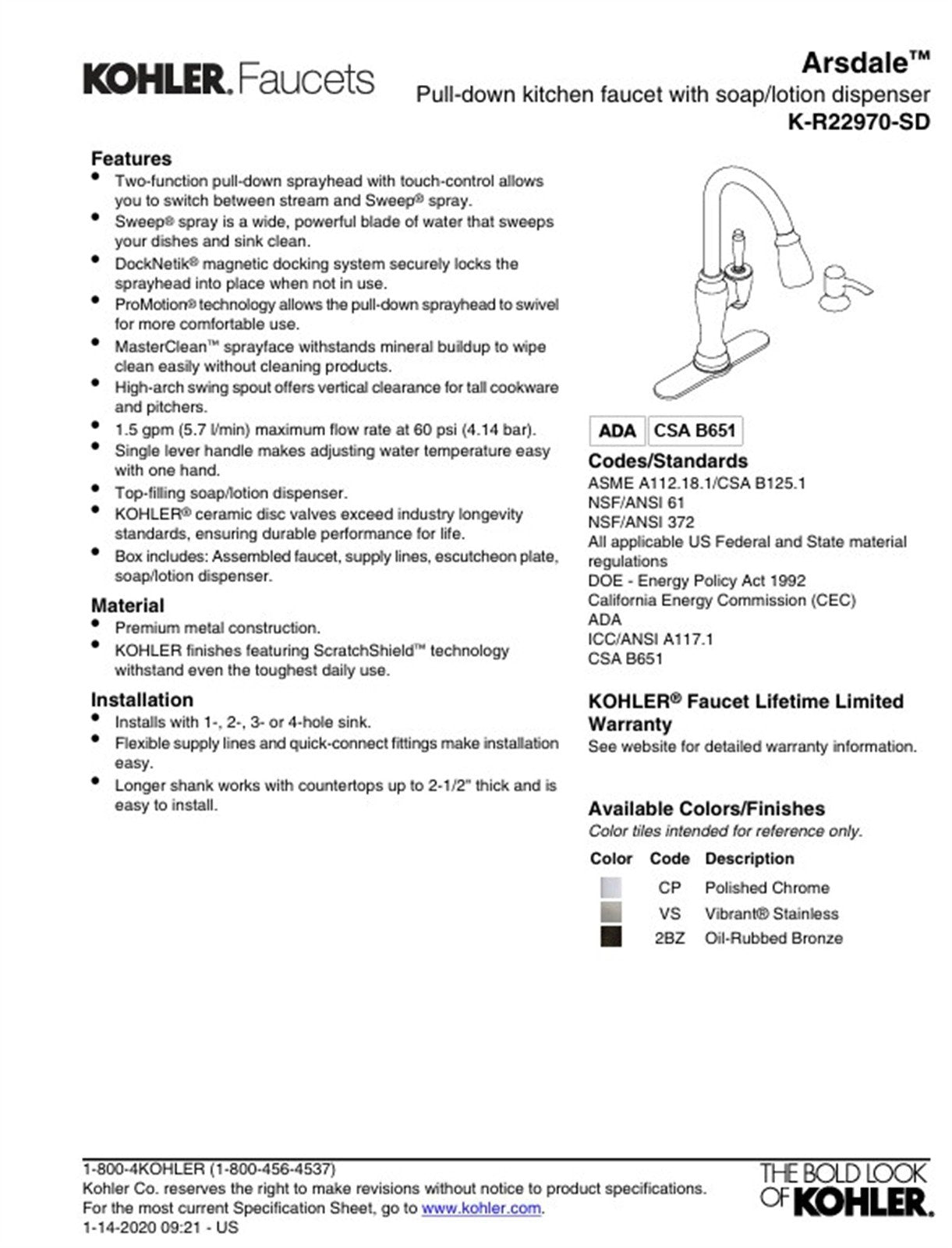 Kohler Arsdale 1 Hole Pull Down Kitchen Faucet in Vibrant Stainless K-R22970-SD-VS