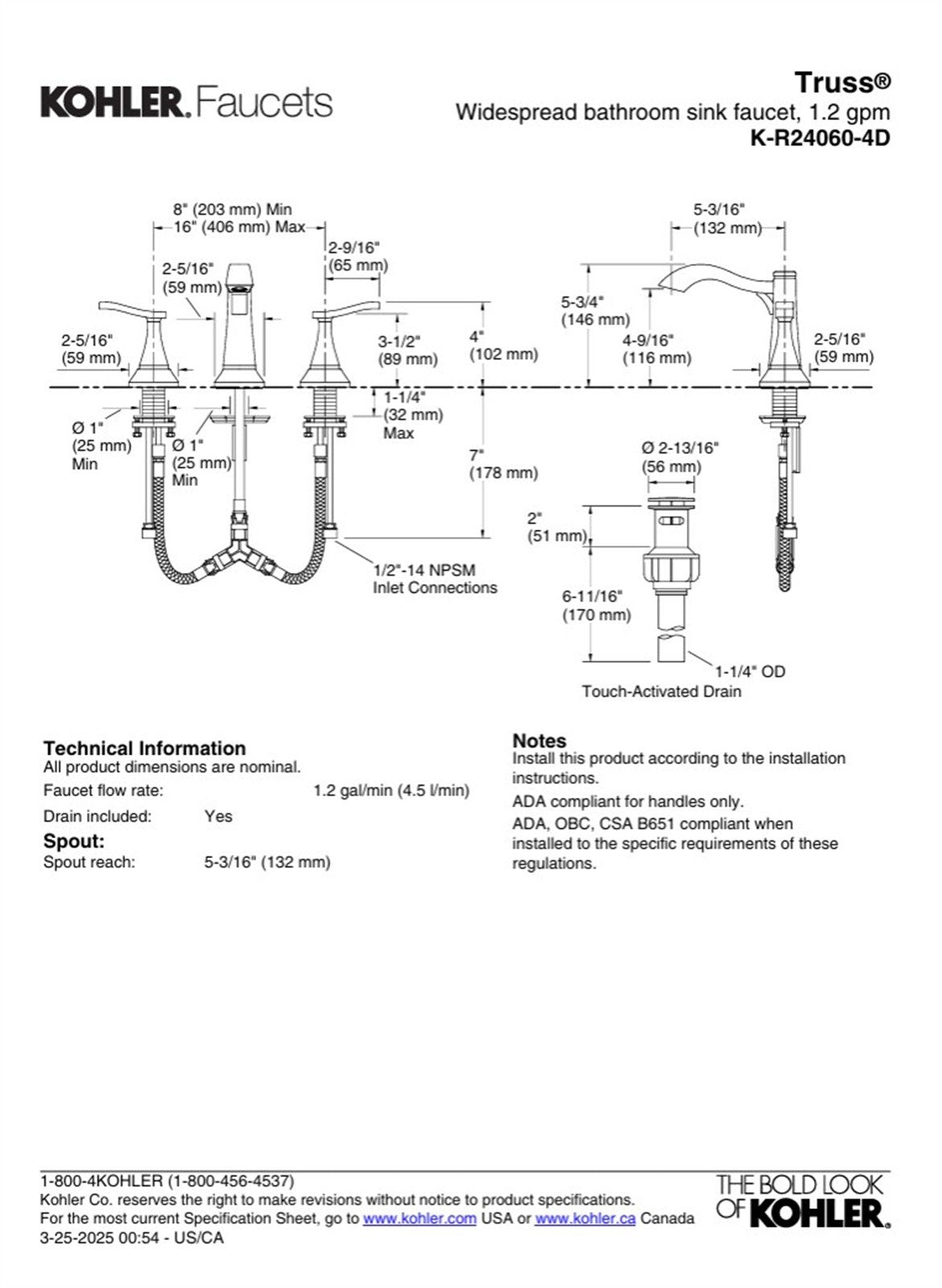 Truss Widespread bathroom sink faucet, 1.2 gpm K-R24060-4D-BN