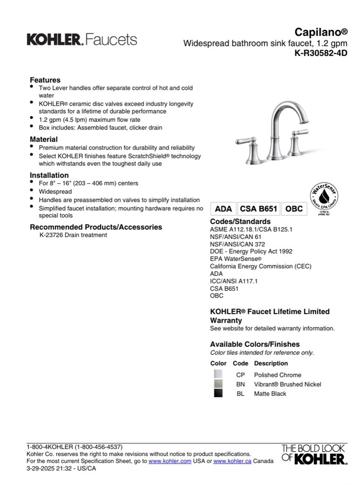 Kohler Capilano 8 in. Widespread Bathroom Faucet Oil-Rubbed Bronze K-R30582-4D-2BZ