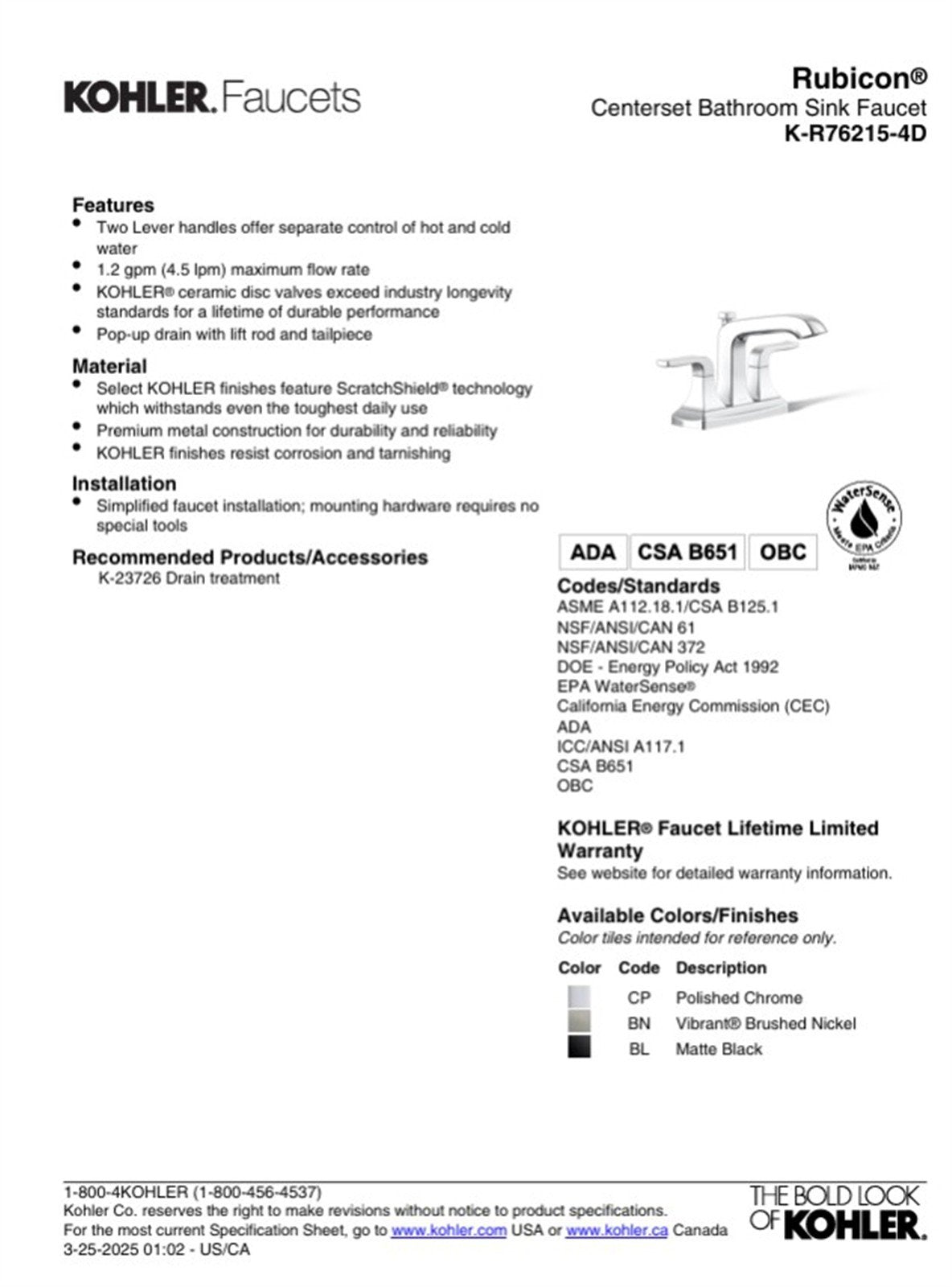 Kohler Rubicon 4 in. Centerset Bathroom Faucet Matte Black K-R76215-4D-BL