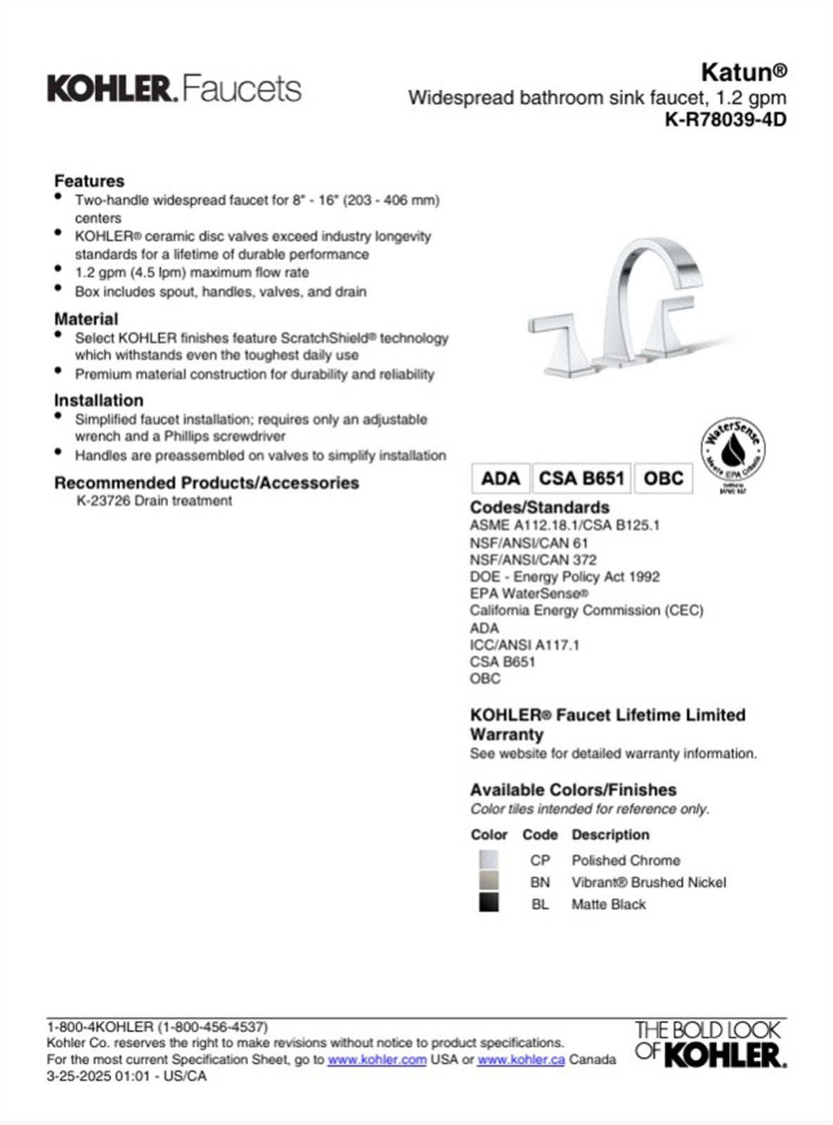 Kohler Katun 8 in. Widespread Bathroom Faucet Vibrant Brushed Nickel K-R78039-4D-BN