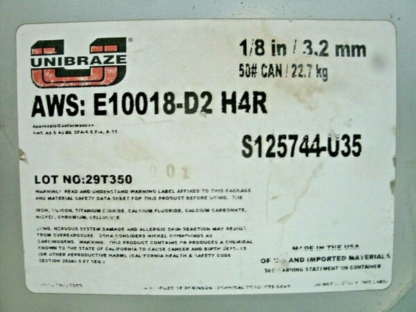 Unibraze AWS: E 10018-D2 H4R Full Can NEW-Sealed Welding Electrodes - Image 2