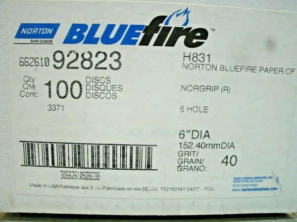 Norton Blue Fire 6" Sanding Disc 6 Hole 92823 100 Count Box-NEW!