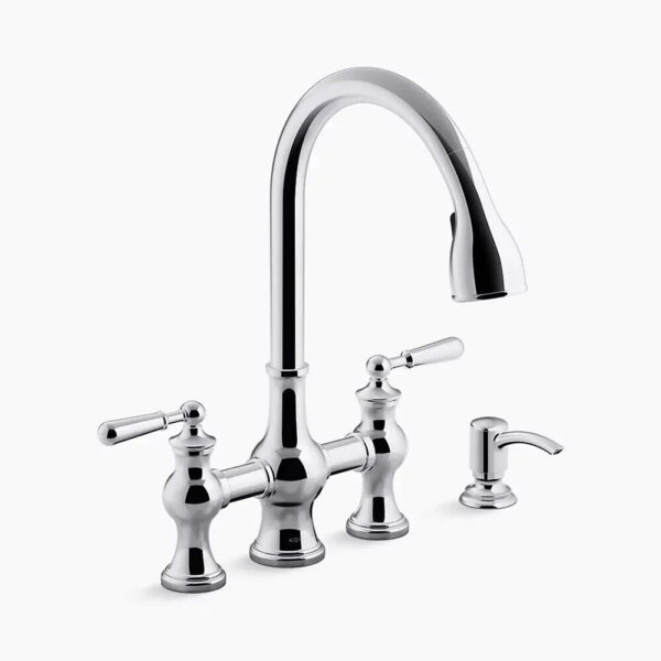 KOHLER Bridge Pull-Down Kitchen Faucet 2Handle w/ Soap Dispenser Polished Chrome